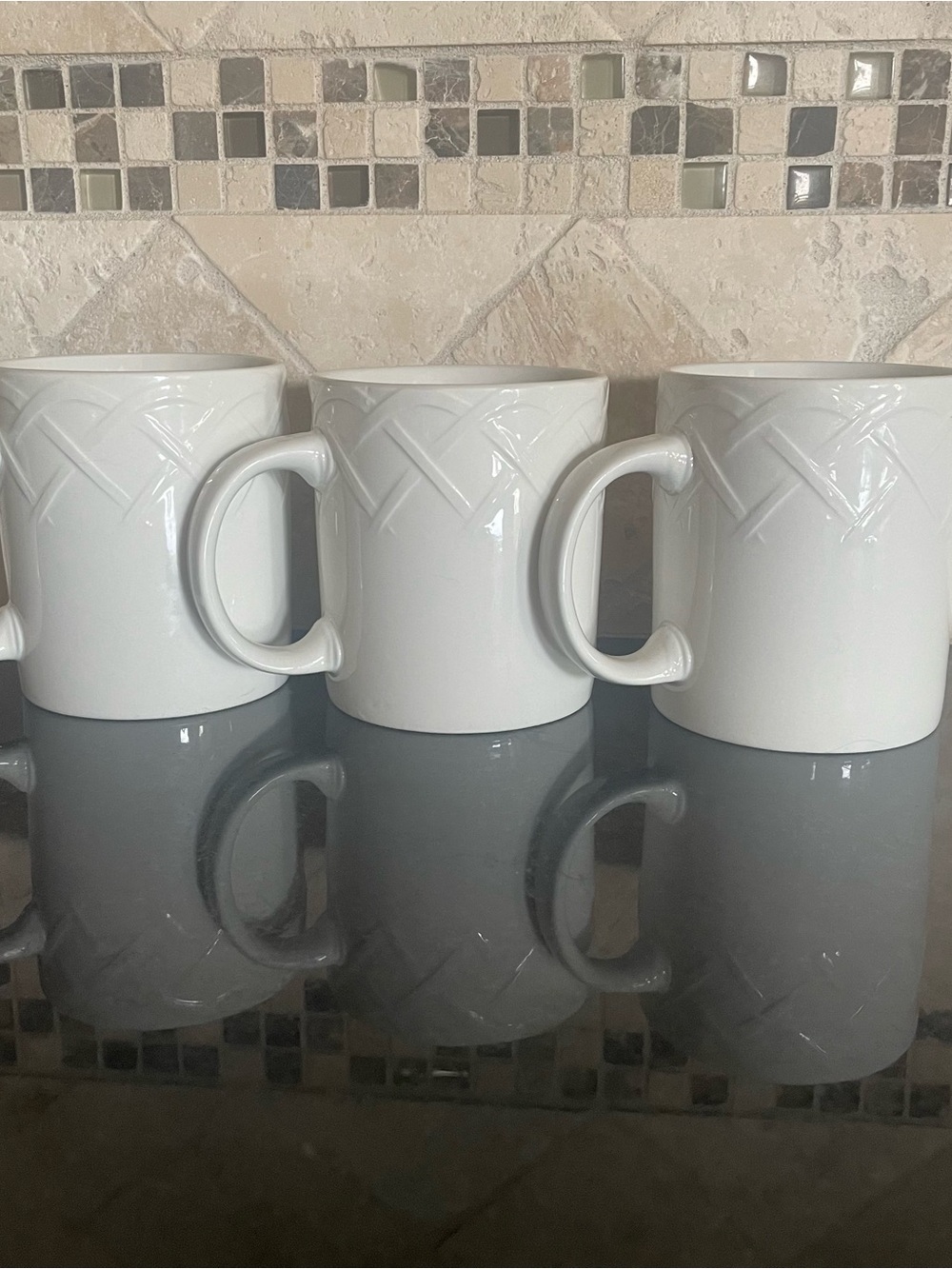Oneida White Ceramic Mugs with Embossed Lattice Detail - Set of 3